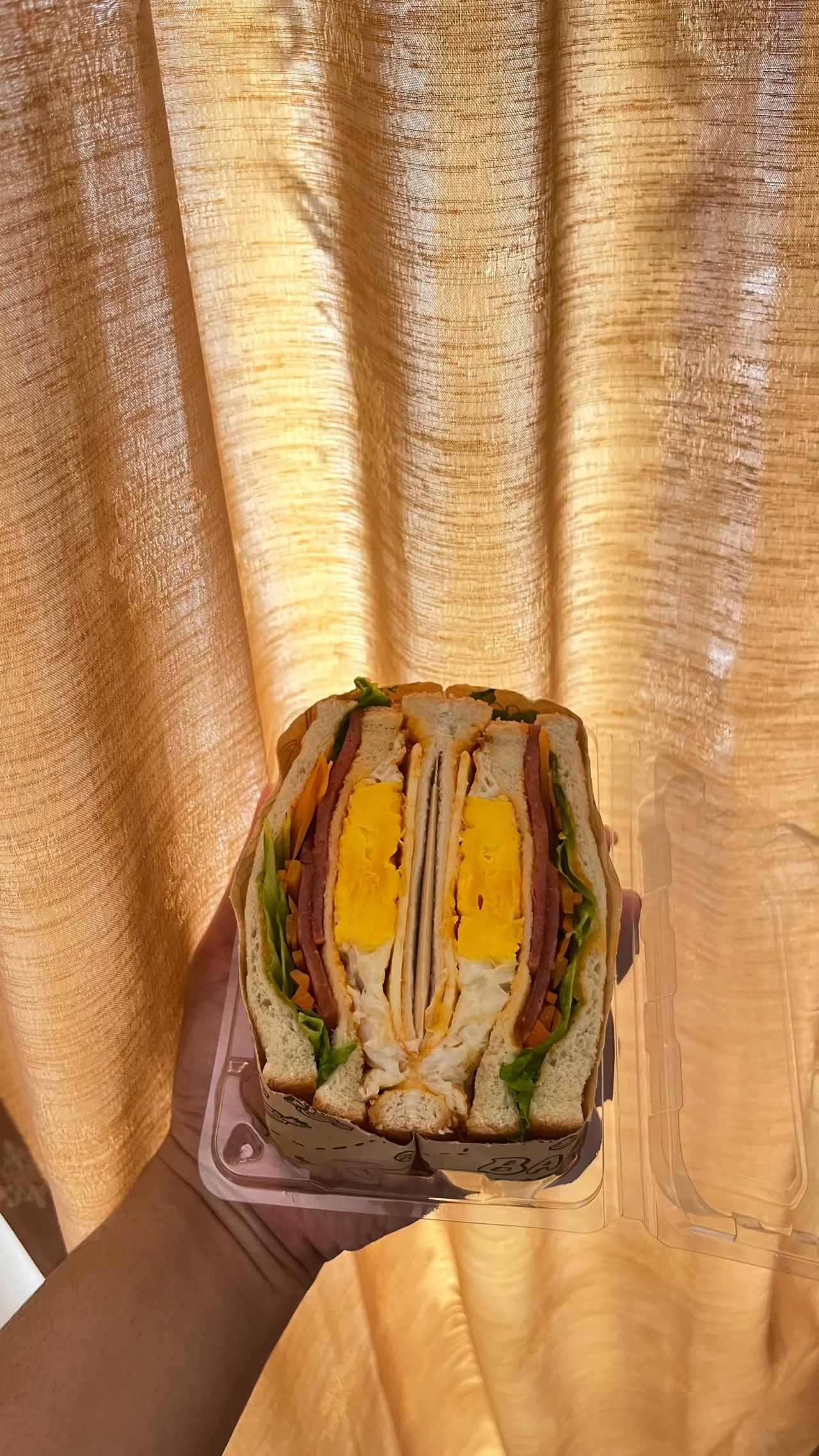 Wanpaku Sandwich dengan lapisan telur yang terlihat di depan tirai berwarna hangat